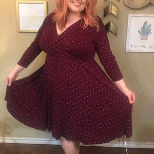 TORRID Burgundy/mustard polka dot 3/4 sleeve midi